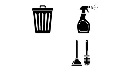 Vector illustration of cleaning supplies including trash can, spray bottle, plunger, and toilet brush isolated on transparent background 