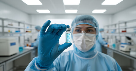 Scientist in sterile lab holds vial with glowing DNA helix, advancing genetic research and medical breakthroughs