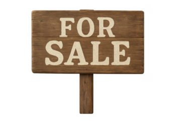 For sale sign on wooden plank, notifying property, house, or item availability for purchase, isolated on transparent background