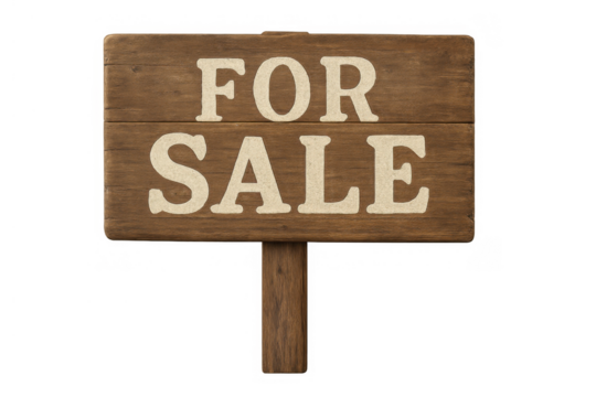 For sale sign on wooden plank, notifying property, house, or item availability for purchase, isolated on transparent background