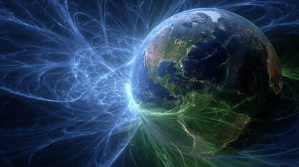 Planet Earth enveloped in glowing blue-green binary energy fields, symbolizing digital connectivity, data flow, technology, and the fusion of nature with cyberspace.