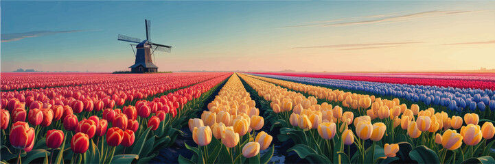 Colorful tulip field at sunrise with traditional Dutch windmill, panoramic spring landscape illustration, floral countryside background