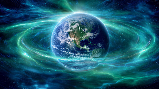 Planet Earth enveloped in glowing blue-green binary energy fields, symbolizing digital connectivity, data flow, technology, and the fusion of nature with cyberspace.