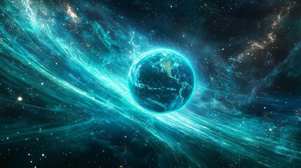 Planet Earth enveloped in glowing blue-green binary energy fields, symbolizing digital connectivity, data flow, technology, and the fusion of nature with cyberspace.