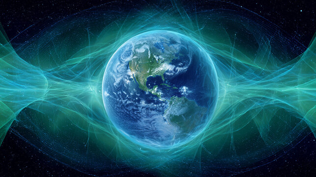 Planet Earth enveloped in glowing blue-green binary energy fields, symbolizing digital connectivity, data flow, technology, and the fusion of nature with cyberspace.