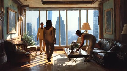 Luxury Apartment Living Room with City View and People.