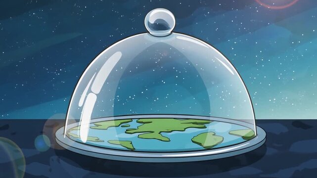 Animated flat earth model with continents and oceans under a transparent glass dome