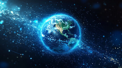 Planet Earth enveloped in glowing blue-green binary energy fields, symbolizing digital connectivity, data flow, technology, and the fusion of nature with cyberspace.