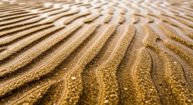 Close-up view of textured sand ripples on a beach surface. - Powered by Adobe