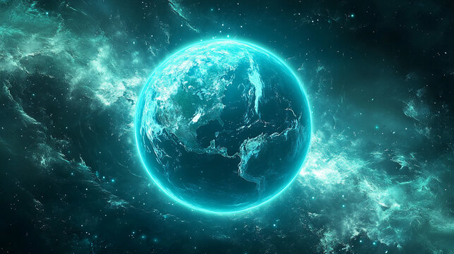 Planet Earth enveloped in glowing blue-green binary energy fields, symbolizing digital connectivity, data flow, technology, and the fusion of nature with cyberspace.