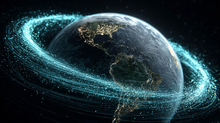 Planet Earth enveloped in glowing blue-green binary energy fields, symbolizing digital connectivity, data flow, technology, and the fusion of nature with cyberspace.