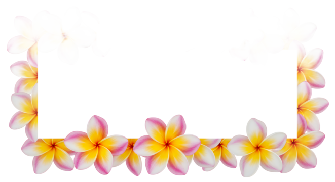 A beautiful rectangular frame of fresh tropical plumeria frangipani flowers isolated on a clean white background with empty copy space