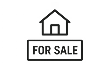 House icon above a for sale sign, visualizing residential property advertisements, real estate ventures, and housing market concepts