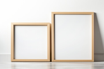 Wooden mock up poster frames by the wall