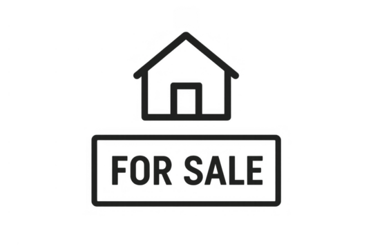 House icon above a for sale sign, visualizing residential property advertisements, real estate ventures, and housing market concepts