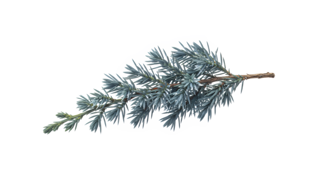 Vibrant Blue-Green Evergreen Juniper Branch Isolated on White Background, Highlighting Detailed Conifer Needles and Natural Texture for Holiday Decor or Botanical Designs