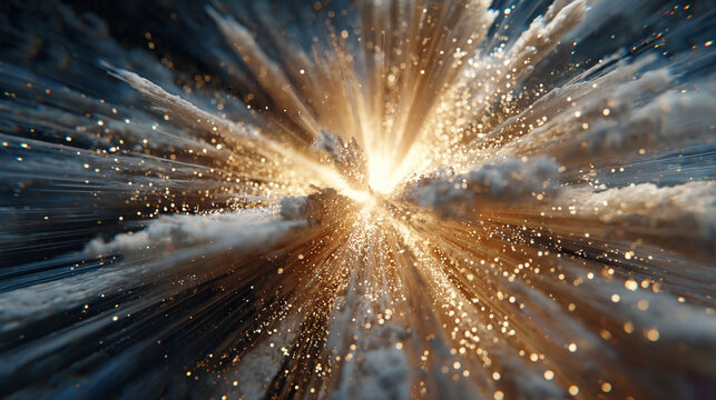 Vibrant energy particles exploding outward in a dynamic display of light and motion representing power force creativity and cosmic phenomena in an abstract futuristic scientific visualization