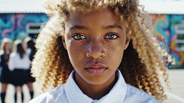 Portrait of a girl with curly hair and freckles, wearing a white shirt; background blur