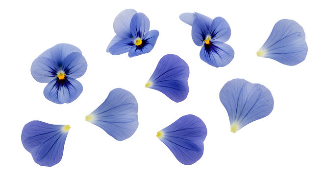 Blue Pansy Flowers and Petals Scattered on White Background A Floral Composition