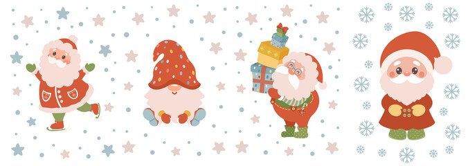 Cute Christmas Santa and Gnome Clipart Set. Kawaii Holiday Characters. Festive Winter Illustration Bundle