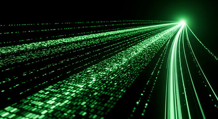 Dynamic green light streams converge creating a vibrant digital network flow, representing data transfer and futuristic technology.