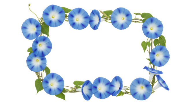 Beautiful blue morning glory flowers intricately arranged to form a decorative rectangular frame, perfect for natural design elements and summer themes on a clean white background