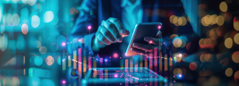 Digital Insights: A person interacts with digital interface, blending cutting-edge technology and data-driven insights. The dynamic interplay of light and data. 