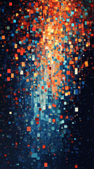 Falling orange and blue pixel squares creating a dynamic digital cascade effect, symbolizing technology, abstraction, motion, and modern digital energy.
