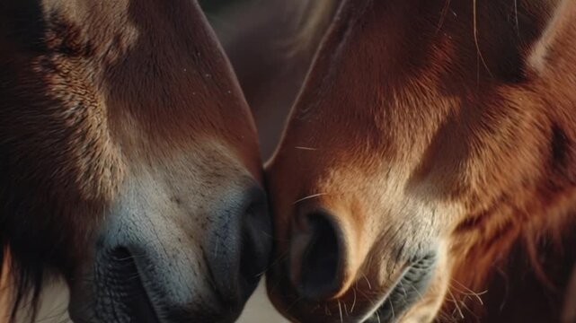 animate Close-up of a horse&rsquo;s muzzle nuzzling another horse, soft focus background, realistic fur detail, slow-motion gentle motion