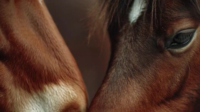 animate Close-up of a horse&rsquo;s muzzle nuzzling another horse, soft focus background, realistic fur detail, slow-motion gentle motion