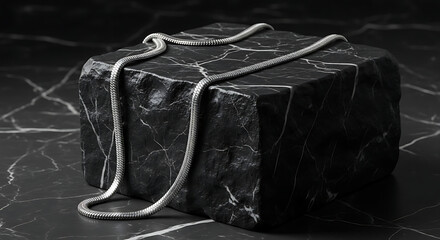 A sleek silver chain rests upon a rough, black, fractured stone block against a dark marble background.