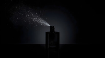 a closeup shot of a perfume bottle spraying a fine mist on a dark and sleek background with the perfume droplets glistening under a soft and elegant lighting, the dark background is almost black