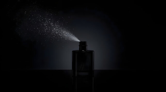 a closeup shot of a perfume bottle spraying a fine mist on a dark and sleek background with the perfume droplets glistening under a soft and elegant lighting, the dark background is almost black
