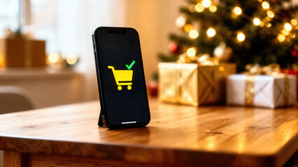 Smartphone displays shopping cart icon, concept of Christmas season checkout and online shopping. Symbolizes Black Friday sales and festive retail promotions during holidays.