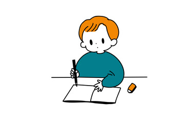 机で勉強する男の子のイラスト