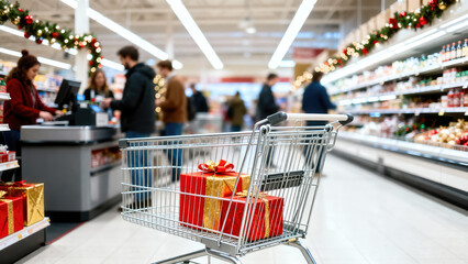 Supermarket shopping cart with presents at checkout during Christmas shopping, blurry shoppers in background, gold and red colors present.