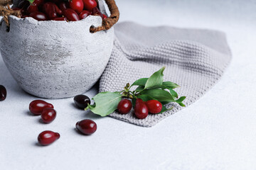 Dogwood berries with green branch on fabric and light surface next to white bowl