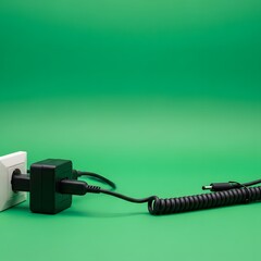 Close-up of a black electrical power adapter plugged into a white wall socket with a coiled cable on a vibrant green background