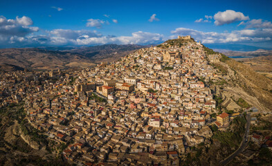 Panoramic view of Agira city in Sicily. August 2024. Aerial drone picture.