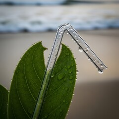 Close-up of a green leaf with water droplets and a metal tool on a blurred natural background