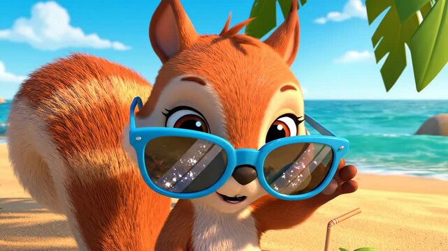 Cartoon squirrel enjoying tropical vacation at the beach