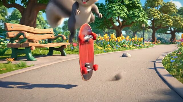 Cartoon squirrel skateboarding on paved pathway in sunny park surrounded by greenery