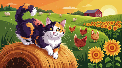 Cute calico farm cat on hay bale at sunset with chickens, sheep, sunflowers and red barn, colorful rural countryside illustration