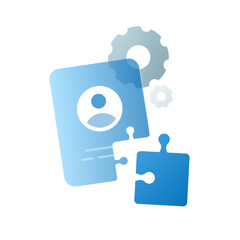 illustration of a user ID card with a puzzle piece cutout and gear icon, symbolizing complete profile, update personal data, account setup, and user information management