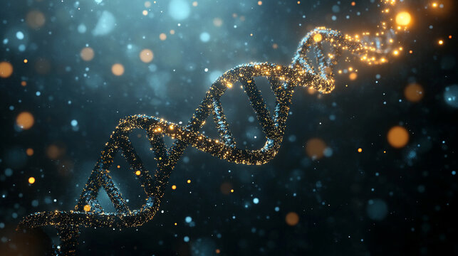 Floating DNA helix in a cosmic space environment, glowing with energy, symbolizing life, genetics, science, evolution, and the mystery of the universe.