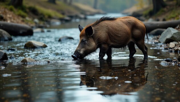 Boar Drinking from a Forest Stream A wild boar lowers its head to drink from a clear, shallow forest stream. The water reflects the surrounding trees and sky. Smooth, wet stones are visible along the - Powered by Adobe