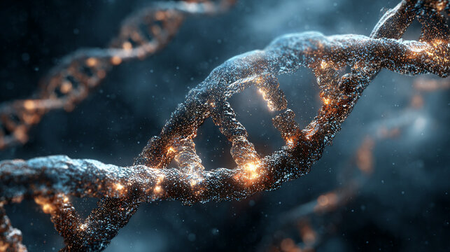 Floating DNA helix in a cosmic space environment, glowing with energy, symbolizing life, genetics, science, evolution, and the mystery of the universe. - Powered by Adobe
