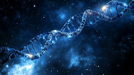 Floating DNA helix in a cosmic space environment, glowing with energy, symbolizing life, genetics, science, evolution, and the mystery of the universe.