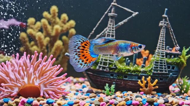 Colorful guppy fish swimming in an aquarium with vibrant aquatic plants and coral decorations
