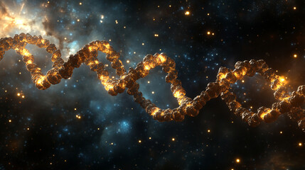 Floating DNA helix in a cosmic space environment, glowing with energy, symbolizing life, genetics, science, evolution, and the mystery of the universe.